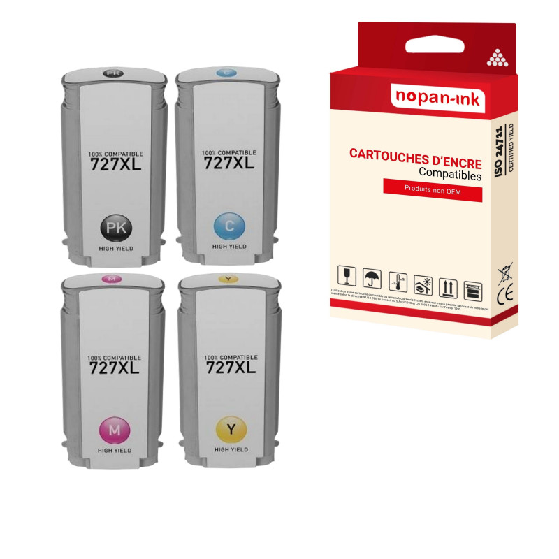 Cartouche pour HP 727 B3P23A F9J79A B3P19A F9J76A B3P20A F9J77A B3P21A F9J78A Compatible Multipack x 4 NOPAN-INK