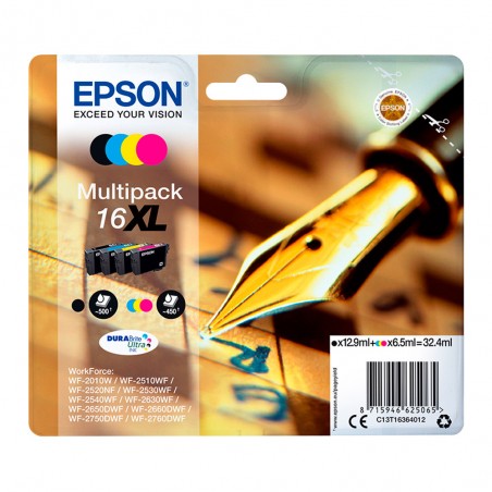 X 4 EPSON T1636 XL C13T16364012 NOIR, CYAN, MAGENTA, YELLOW CARTOUCHE ORIGINALE