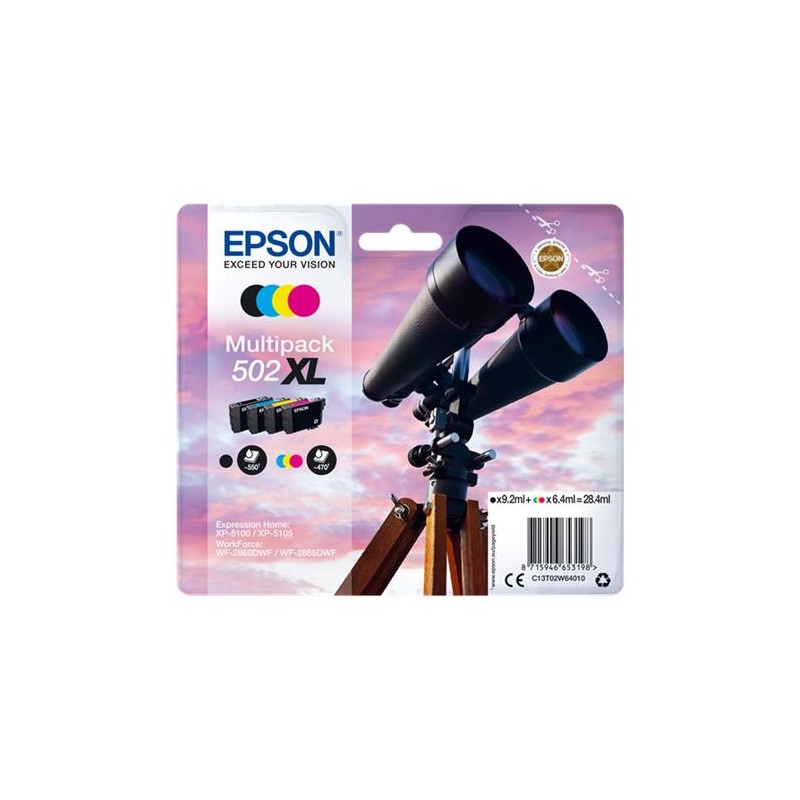 X 4 EPSON 502 XL NOIR, CYAN, MAGENTA, YELLOW C13T02W64010 - CARTOUCHE ORIGINALE