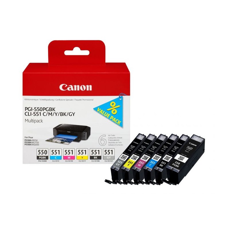 X 6 CANON PGI550/CLI551 NOIR, CYAN, MAGENTA, YELLOW, GRAY 6496B005 - CARTOUCHE ORIGINALE