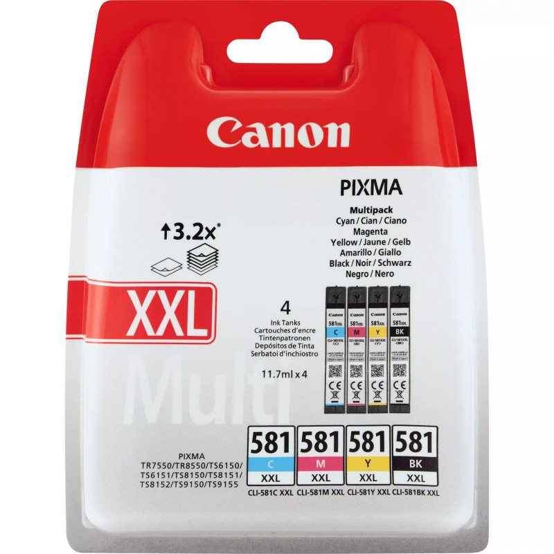 X 4 CANON CLI 581XXL NOIR, CYAN, MAGENTA, YELLOW 1998C005 - CARTOUCHE ORIGINALE